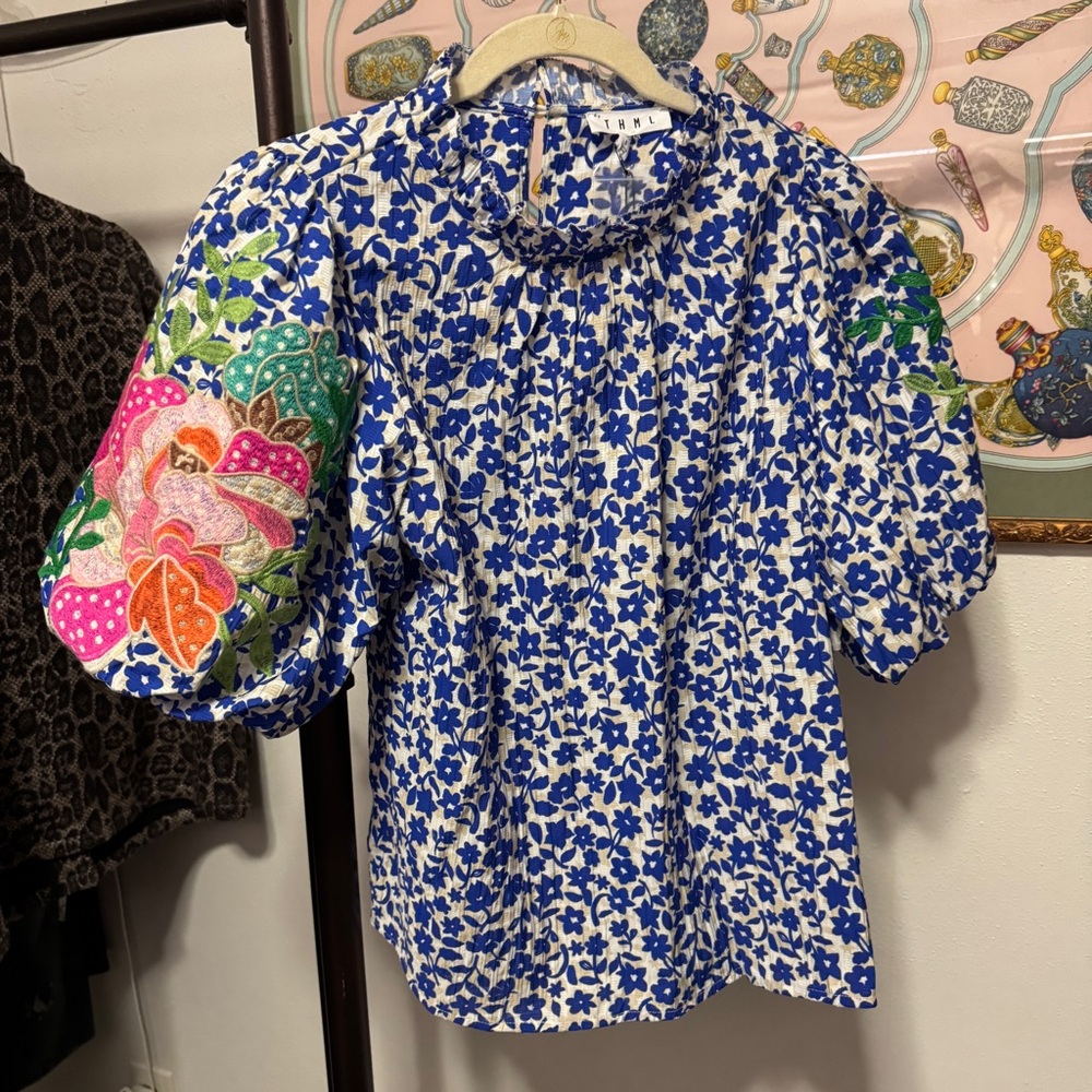THML Blue Floral Blouse with Multicolor Sleeves - Picture 2 of 6